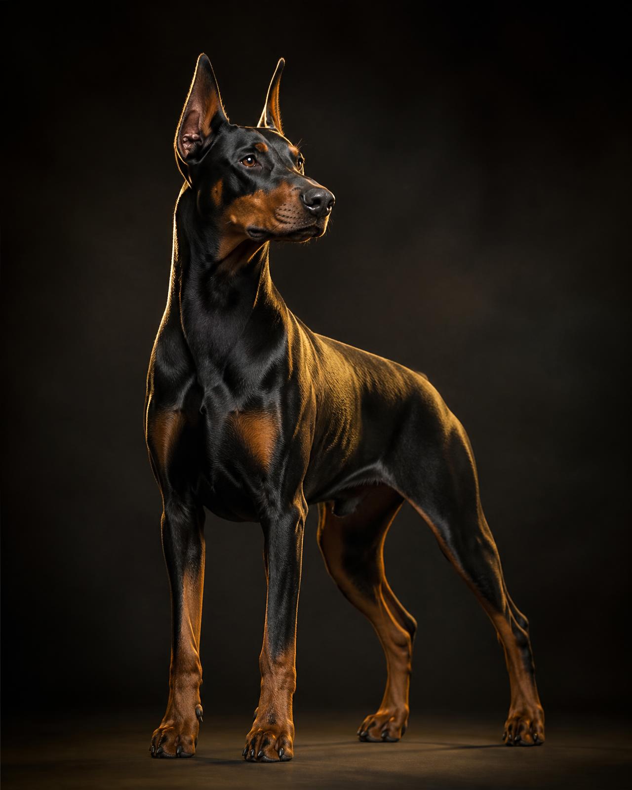 Doberman negro y fuego estándar en retrato de estudio