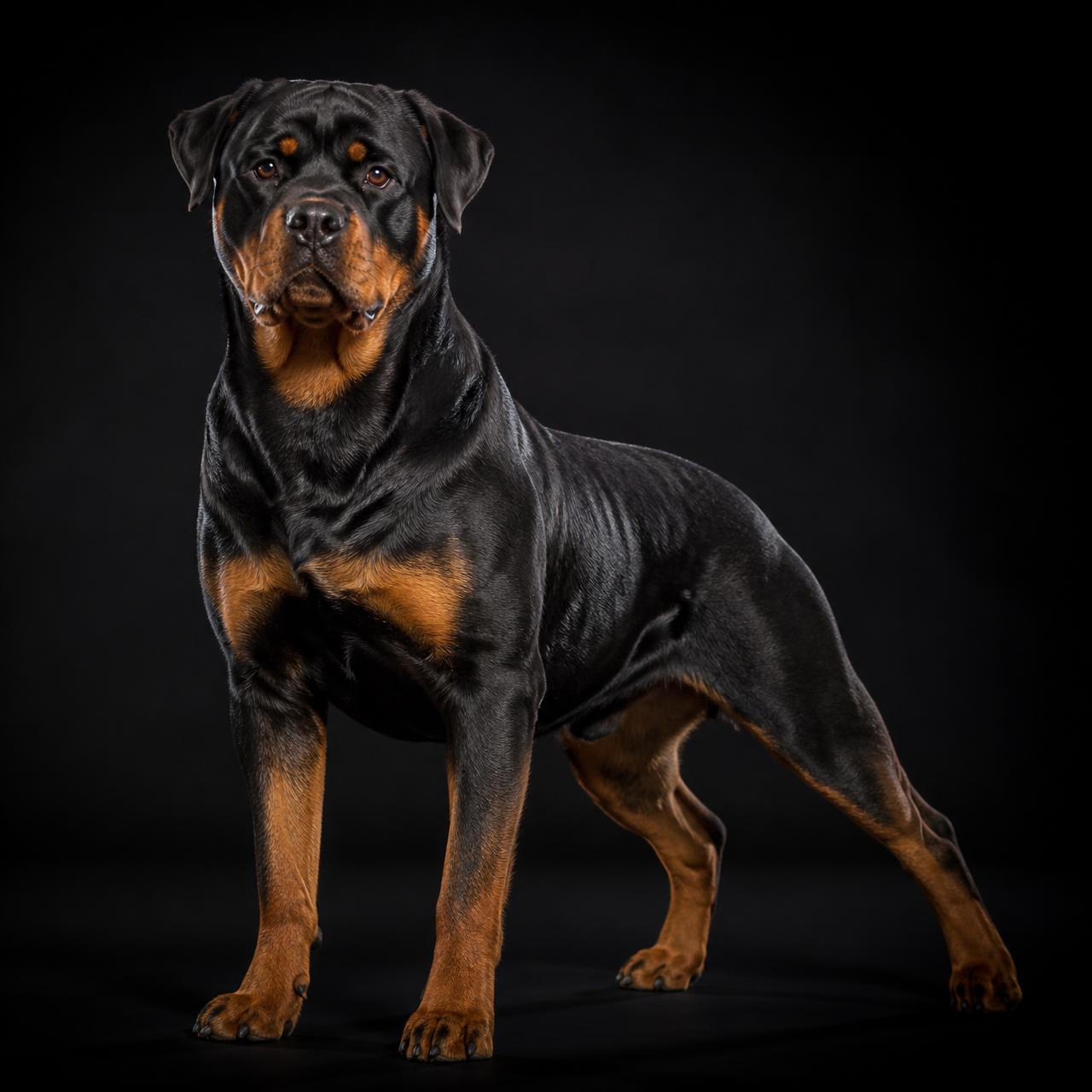 Rottweiler negro con marcas fuego estándar en retrato de estudio
